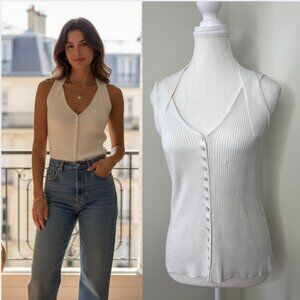 Planet Ribbed Button Front Cross Strap Sweater Tank Top M